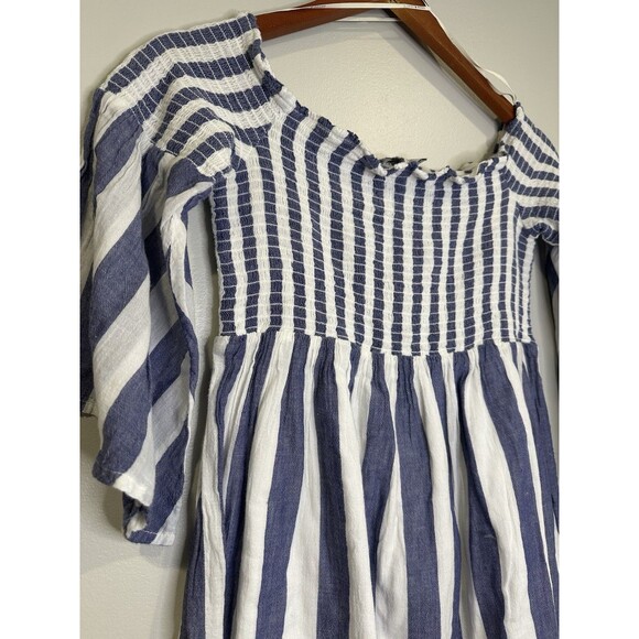 Lucky Brand Top Shirt Womens‎ Medium White Blue Striped Smocking Tunic Bell - Picture 4 of 7